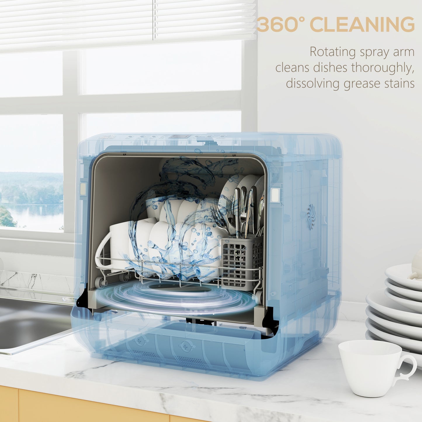 Countertop Dishwasher with Dual Water Supply and 6 Programs, White