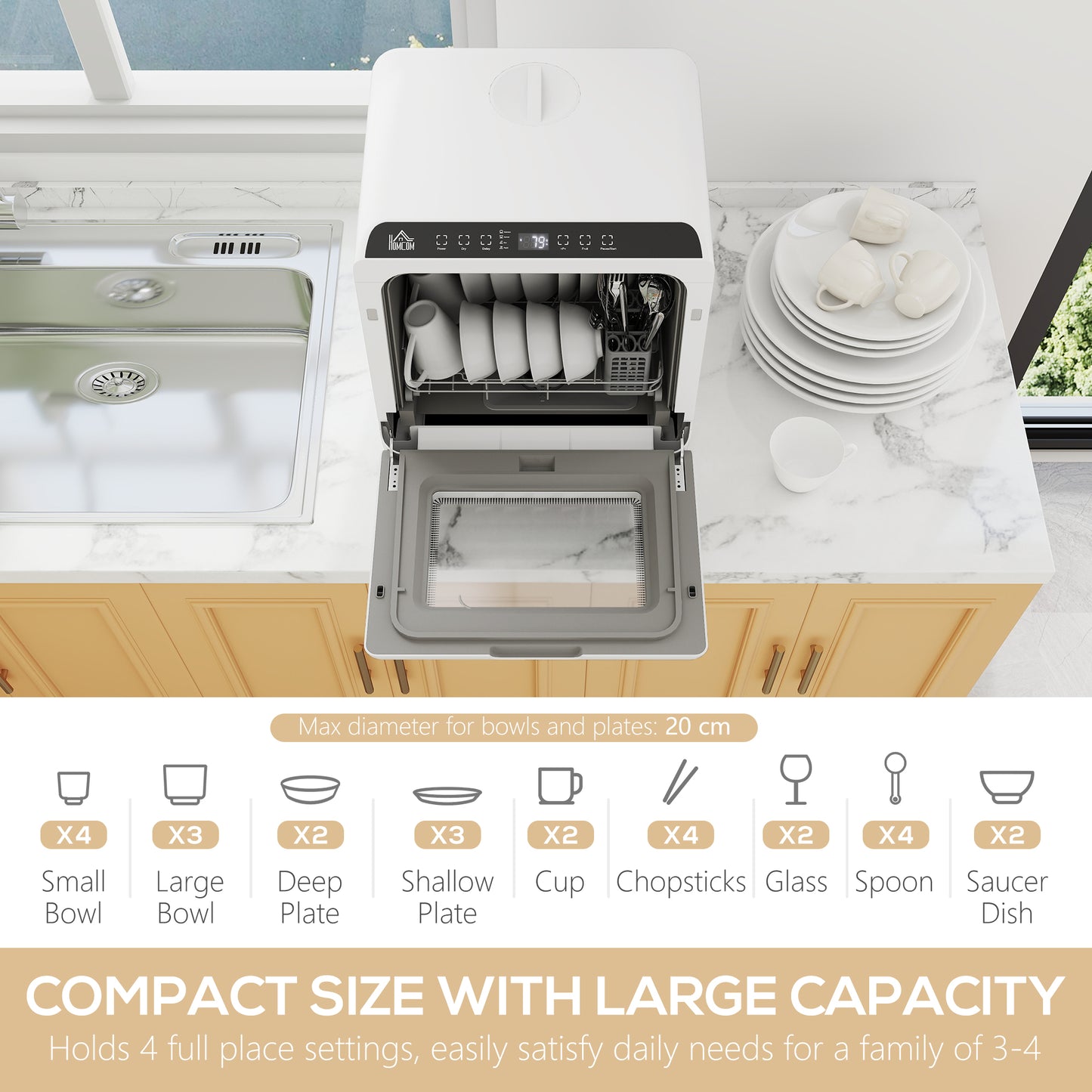 Countertop Dishwasher with Dual Water Supply and 6 Programs, White