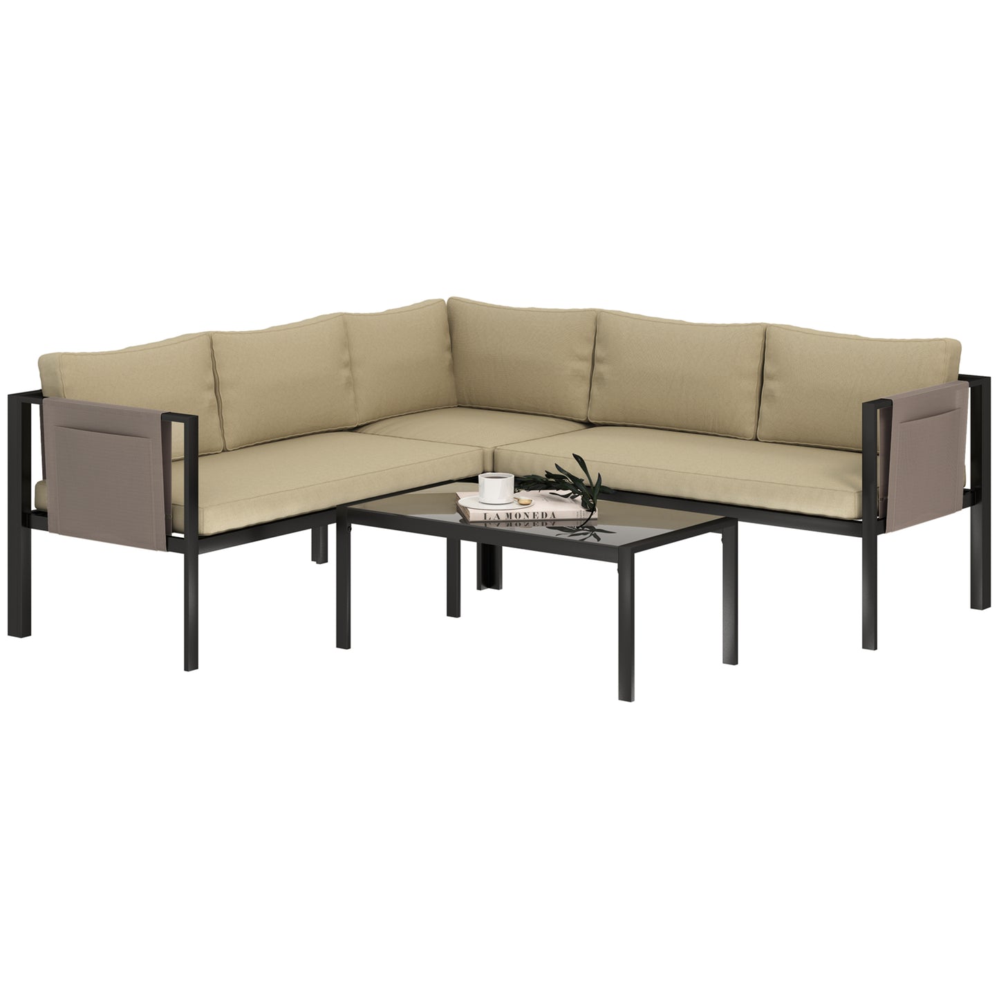 4 Piece Garden Furniture Set w/ Breathable Mesh Pocket, Khaki