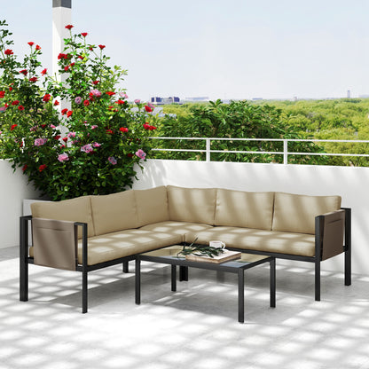 4 Piece Garden Furniture Set w/ Breathable Mesh Pocket, Khaki
