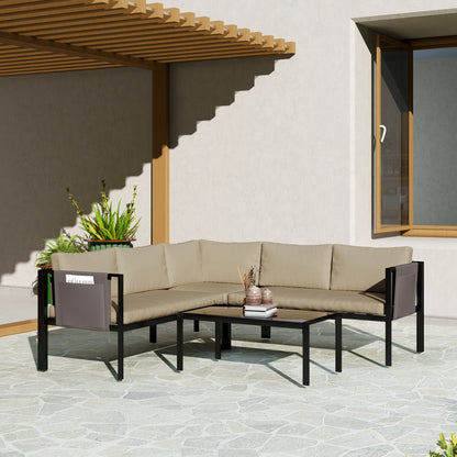 4 Piece Garden Furniture Set w/ Breathable Mesh Pocket, Khaki