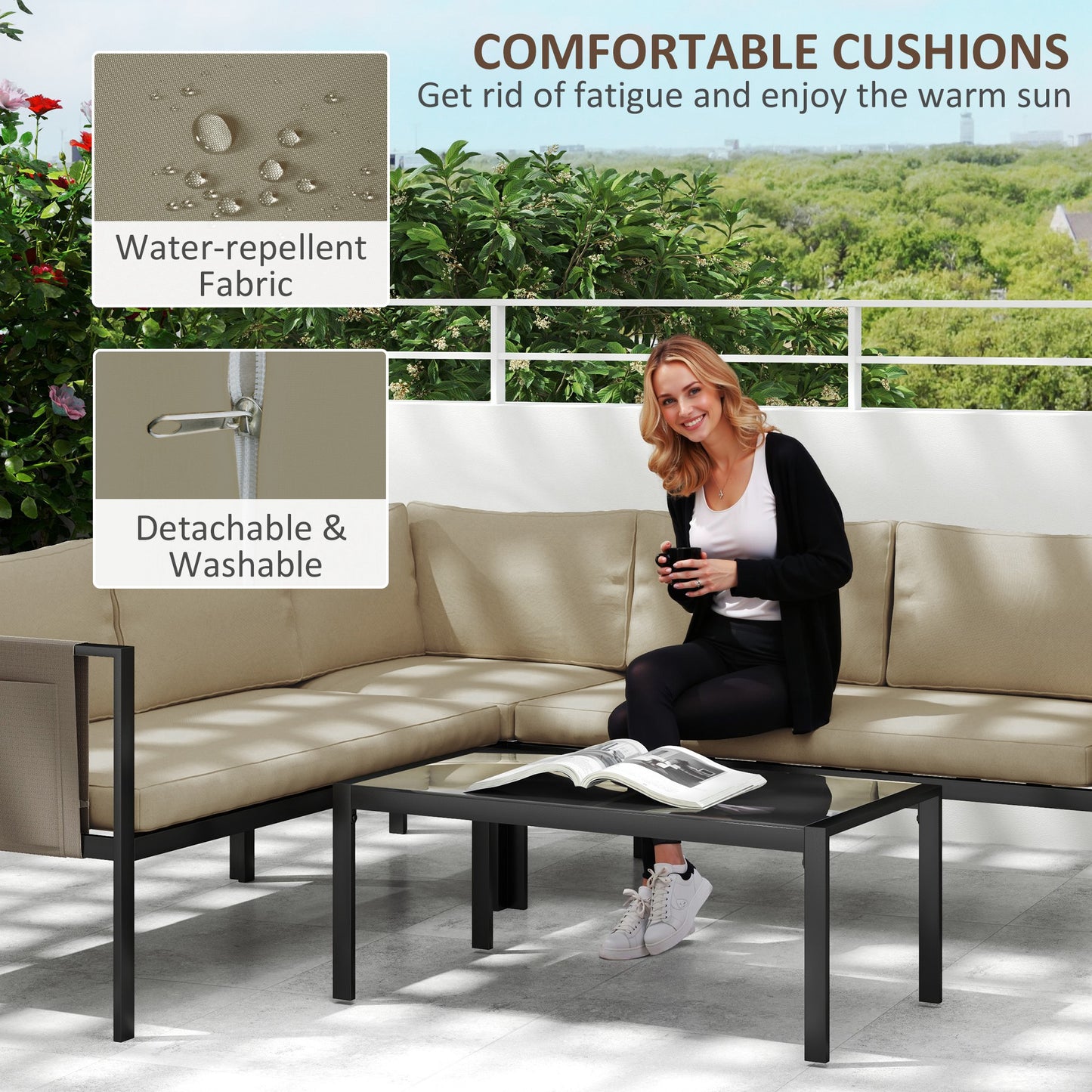 4 Piece Garden Furniture Set w/ Breathable Mesh Pocket, Khaki