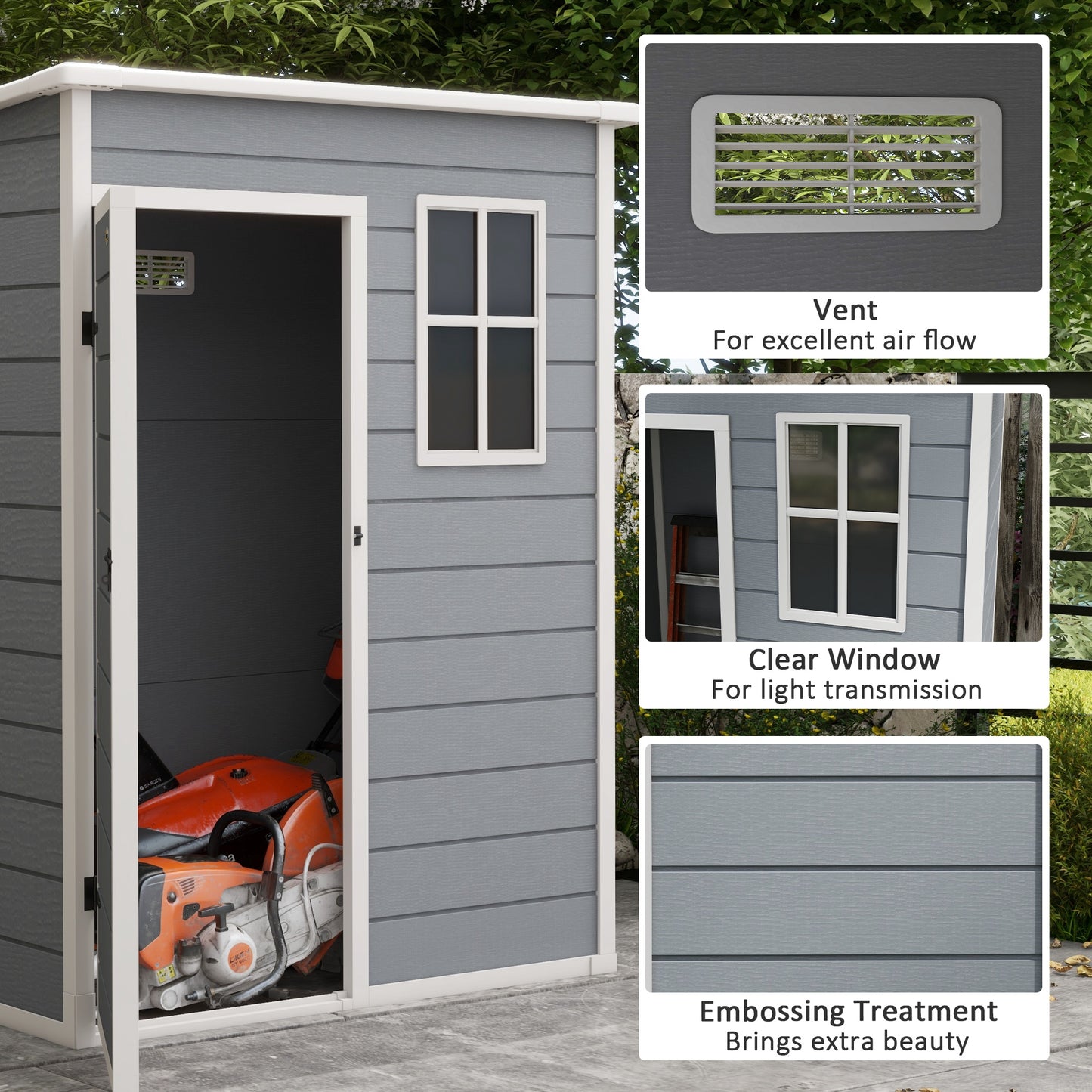 5' x 3' Plastic Garden Shed with Floor, Outdoor Storage Shed with Lockable Door, Window and Vent for Garden, Patio, Grey