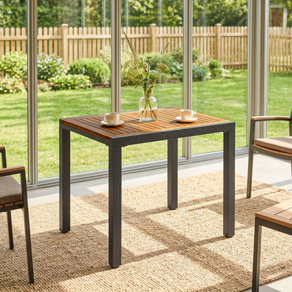 Extending Garden Table, Outdoor Dining Table for 6, Steel Frame Rectangular Patio Table with Acacia Wood Tabletop,80/120L x 70W x 75H cm