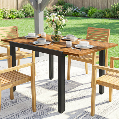 Extending Garden Table, Outdoor Dining Table for 6, Steel Frame Rectangular Patio Table with Acacia Wood Tabletop,80/120L x 70W x 75H cm