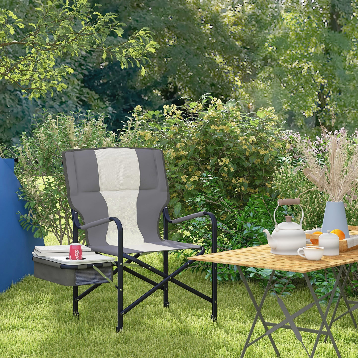 Folding Directors Chair Aluminium Camping Chair with Cooler Bag Grey