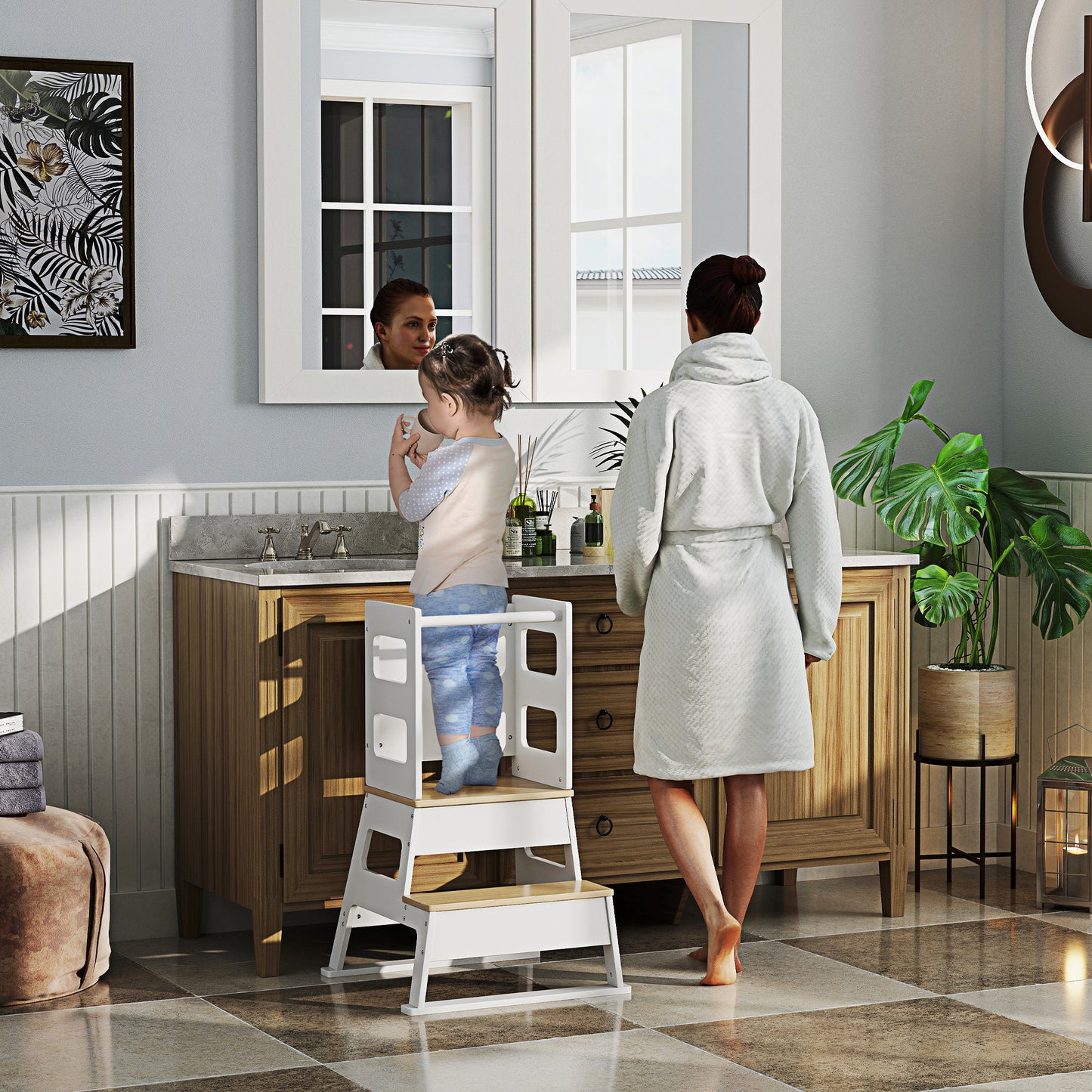 Toddler Tower, 2 in 1 Toddler Step Stool with Chalkboard, Safety Rail, Kids Standing Tower for Kitchen, Counter, Bathroom, Sink, White