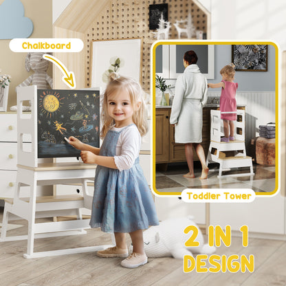 Toddler Tower, 2 in 1 Toddler Step Stool with Chalkboard, Safety Rail, Kids Standing Tower for Kitchen, Counter, Bathroom, Sink, White