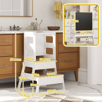 Toddler Tower, 2 in 1 Toddler Step Stool with Chalkboard, Safety Rail, Kids Standing Tower for Kitchen, Counter, Bathroom, Sink, White
