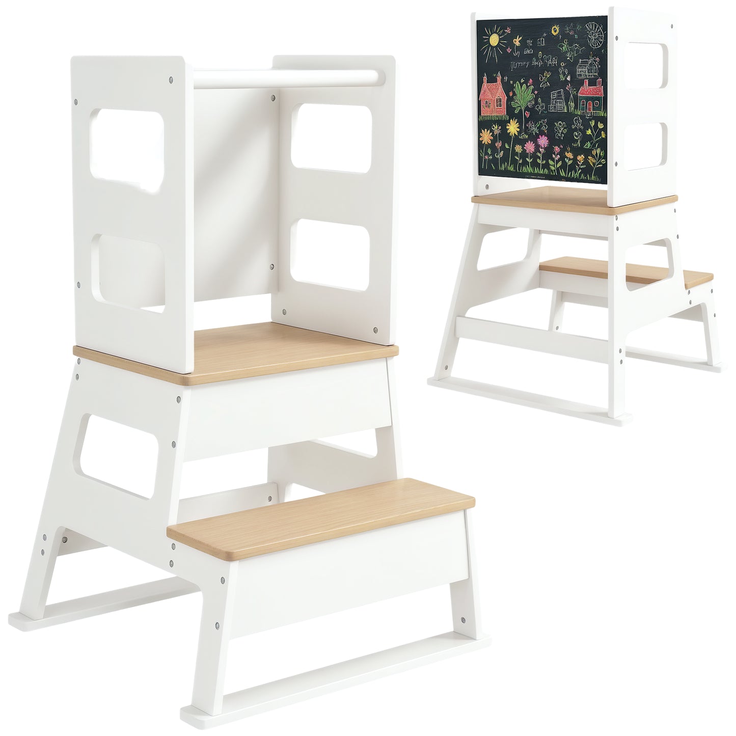 Toddler Tower, 2 in 1 Toddler Step Stool with Chalkboard, Safety Rail, Kids Standing Tower for Kitchen, Counter, Bathroom, Sink, White