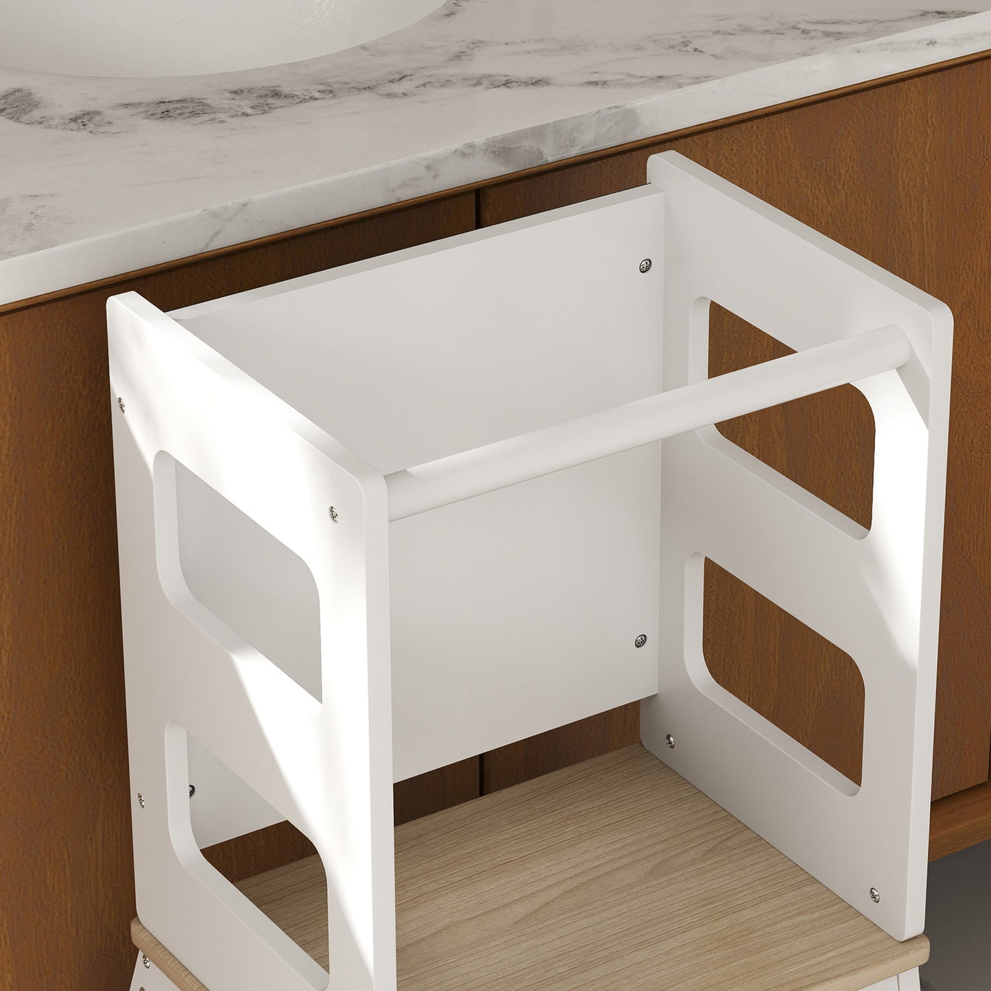 Toddler Tower, 2 in 1 Toddler Step Stool with Chalkboard, Safety Rail, Kids Standing Tower for Kitchen, Counter, Bathroom, Sink, White