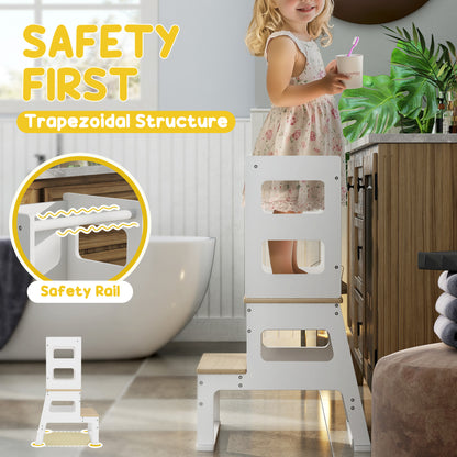 Toddler Tower, 2 in 1 Toddler Step Stool with Chalkboard, Safety Rail, Kids Standing Tower for Kitchen, Counter, Bathroom, Sink, White