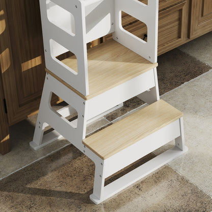 Toddler Tower, 2 in 1 Toddler Step Stool with Chalkboard, Safety Rail, Kids Standing Tower for Kitchen, Counter, Bathroom, Sink, White