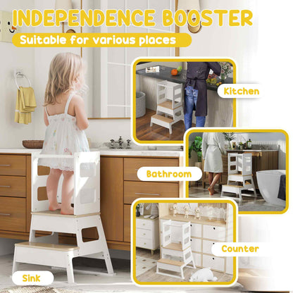 Toddler Tower, 2 in 1 Toddler Step Stool with Chalkboard, Safety Rail, Kids Standing Tower for Kitchen, Counter, Bathroom, Sink, White