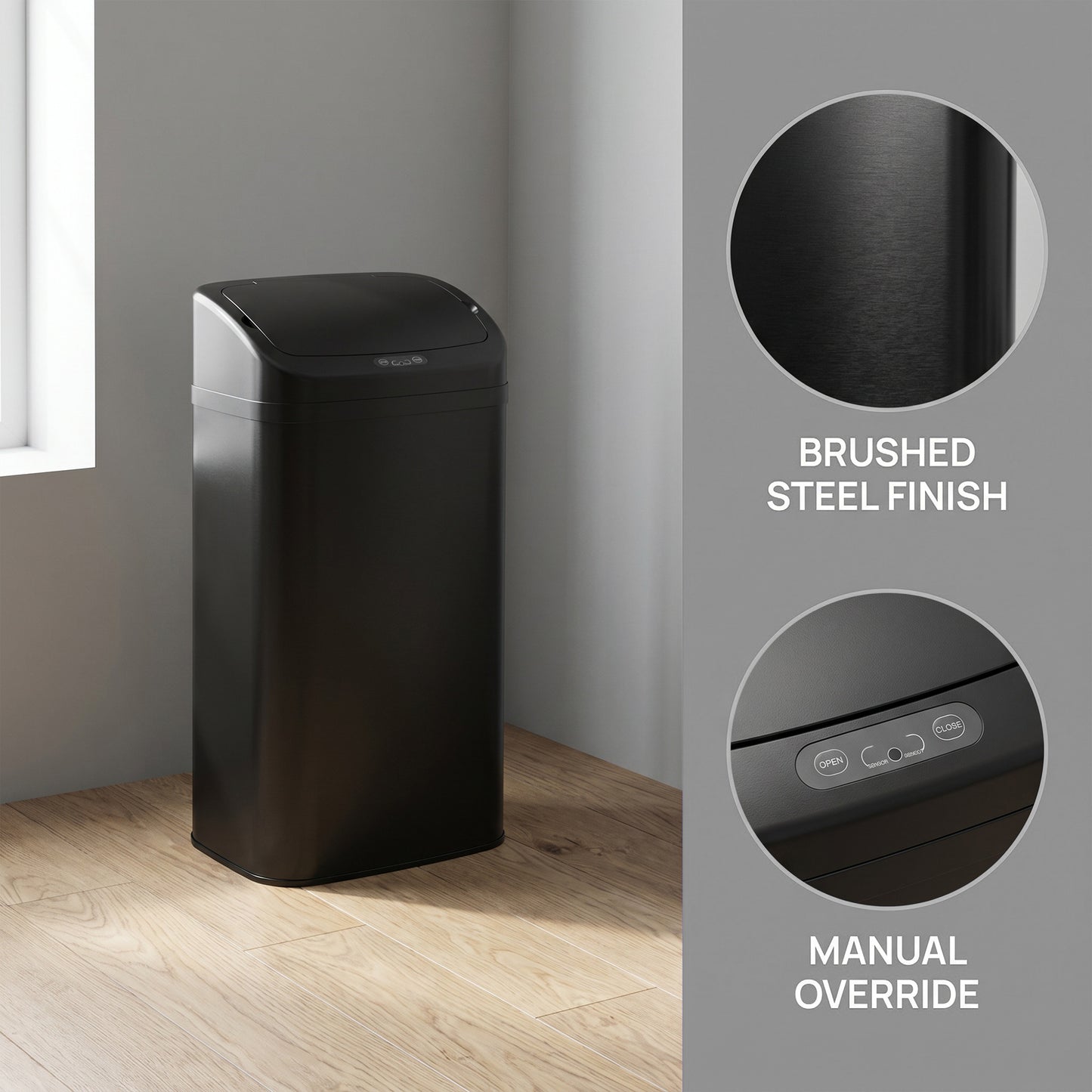 48L Sensor Bin, Stainless Steel Kitchen Bin with Automatic Soft Close Lid and Fingerprint-Proof for Recycling and Waste, Black