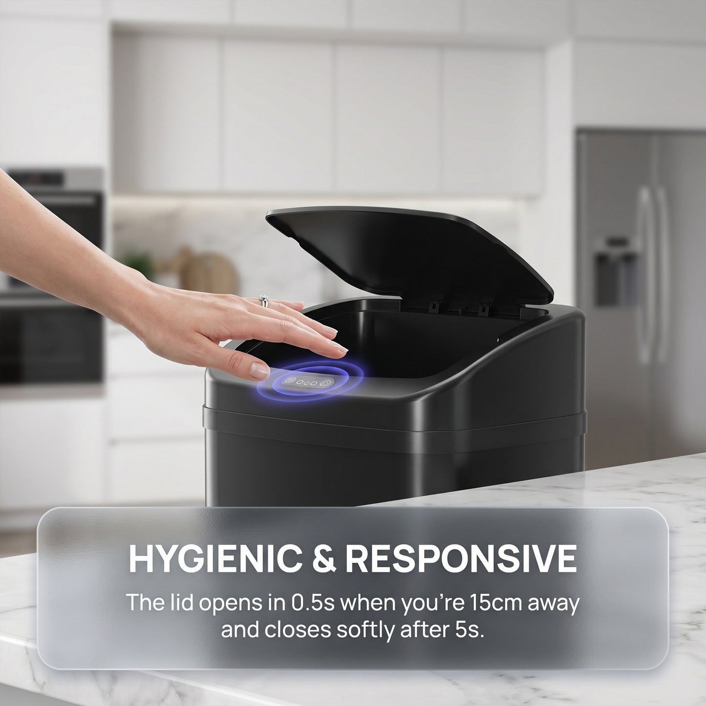 48L Sensor Bin, Stainless Steel Kitchen Bin with Automatic Soft Close Lid and Fingerprint-Proof for Recycling and Waste, Black