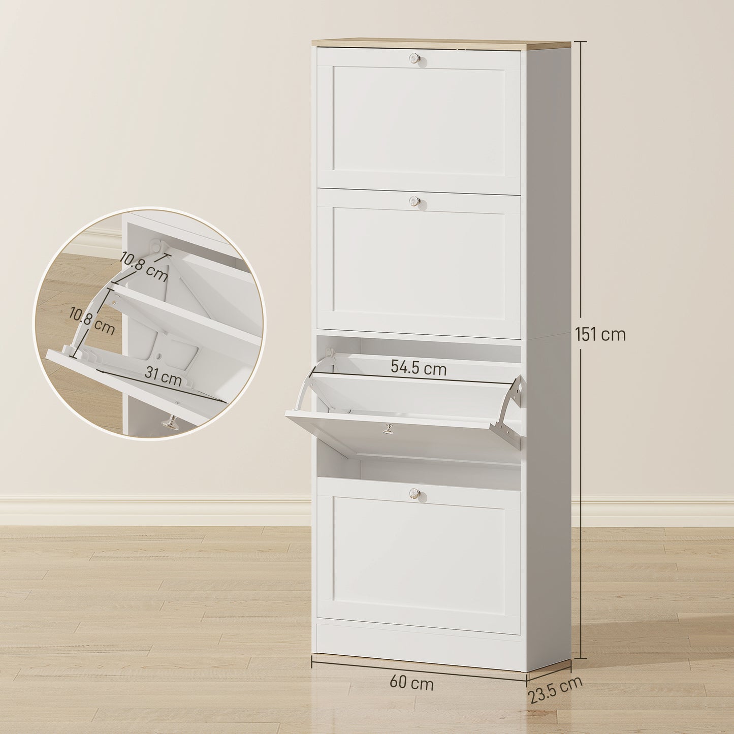 Narrow Shoe Cabinet with 4 Flip Drawers for 24 Pairs of Shoes White