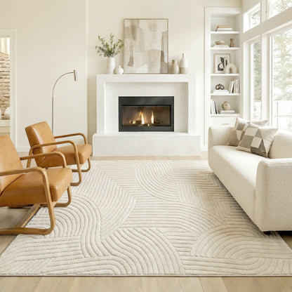 Modern Geometric Rug, Thick & Plush, Non-Slip, 200 x 140 cm – Cream