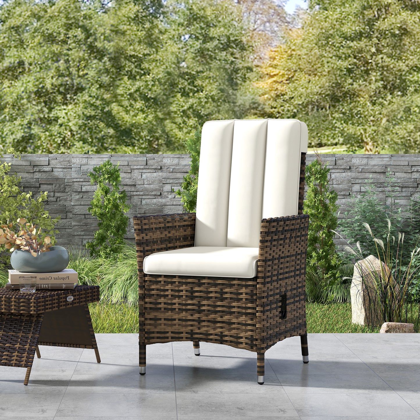 Rattan Garden Recliner Chair with Adjustable Backrest, Cream White