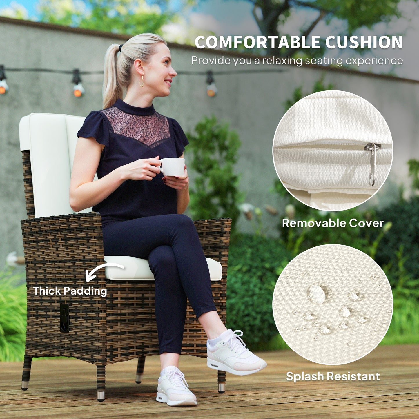 Rattan Garden Recliner Chair with Adjustable Backrest, Cream White