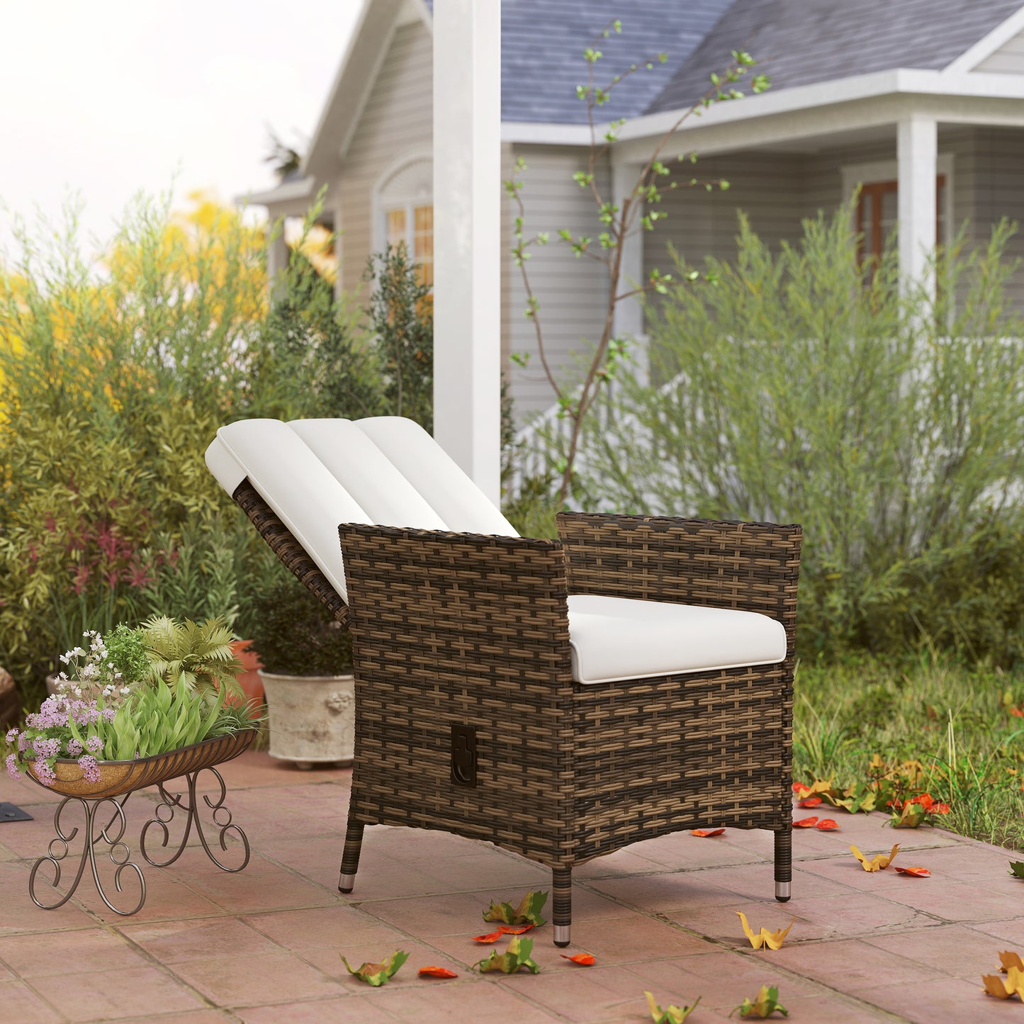 Rattan Garden Recliner Chair with Adjustable Backrest, Cream White