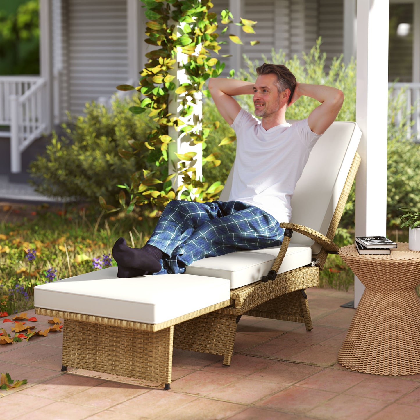 Foldable Rattan Garden Recliner Chair w/ Cushion, Footrest, Beige