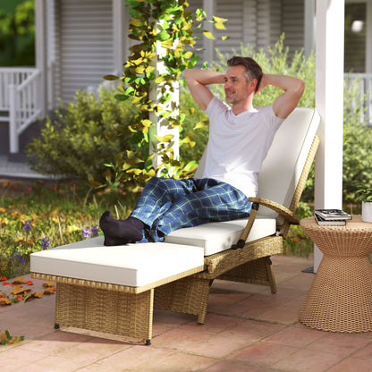 Foldable Rattan Garden Recliner Chair w/ Cushion, Footrest, Beige