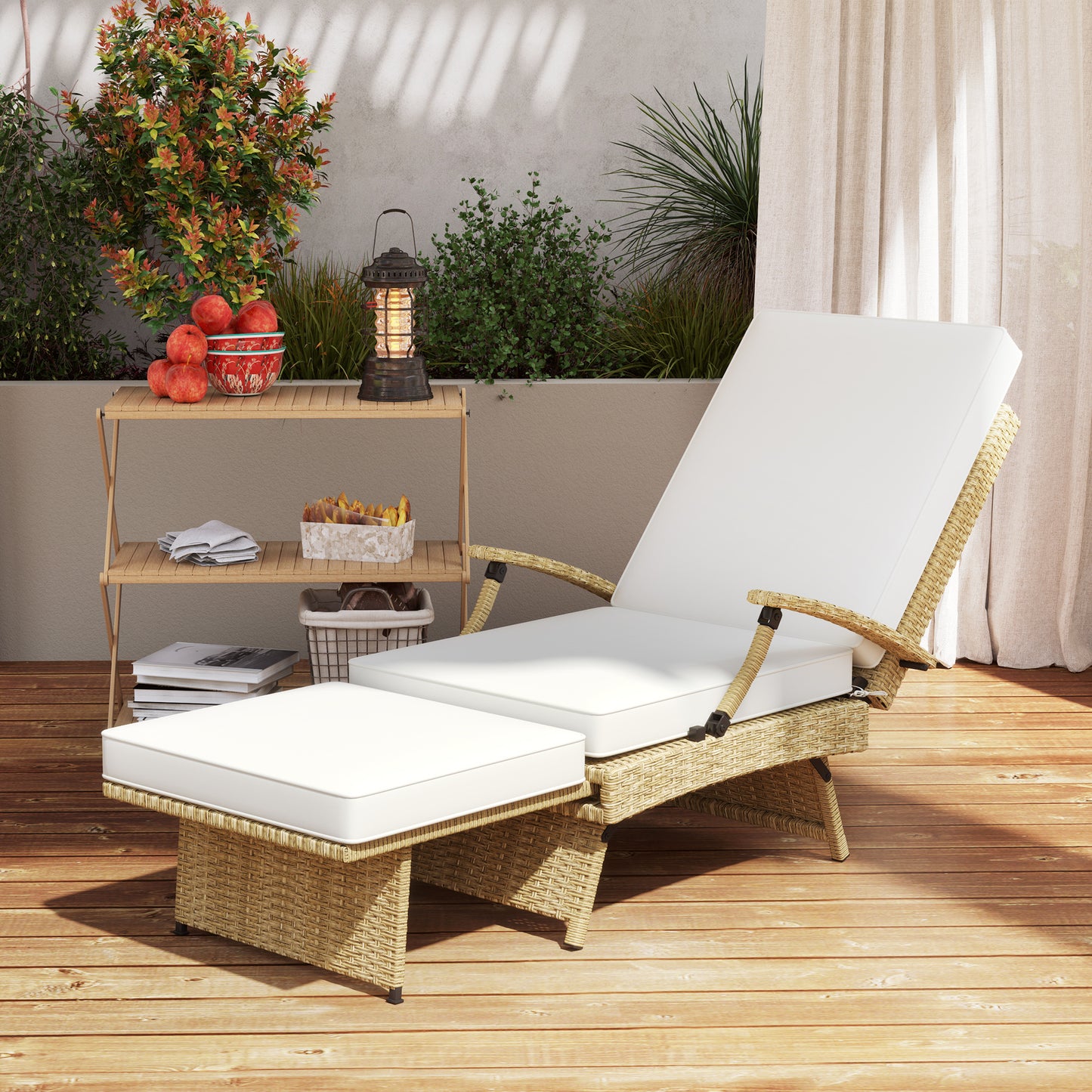 Foldable Rattan Garden Recliner Chair w/ Cushion, Footrest, Beige