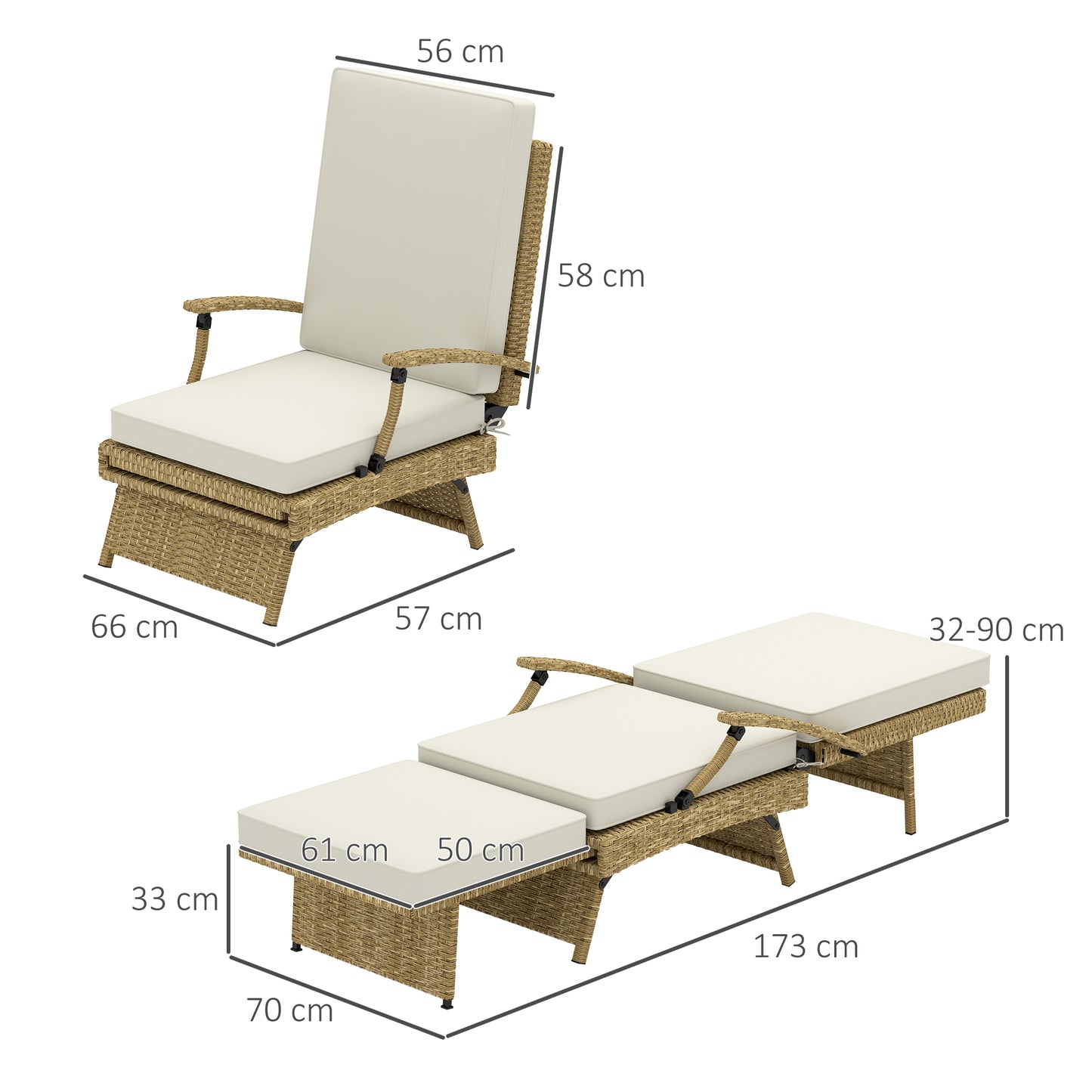 Foldable Rattan Garden Recliner Chair w/ Cushion, Footrest, Beige