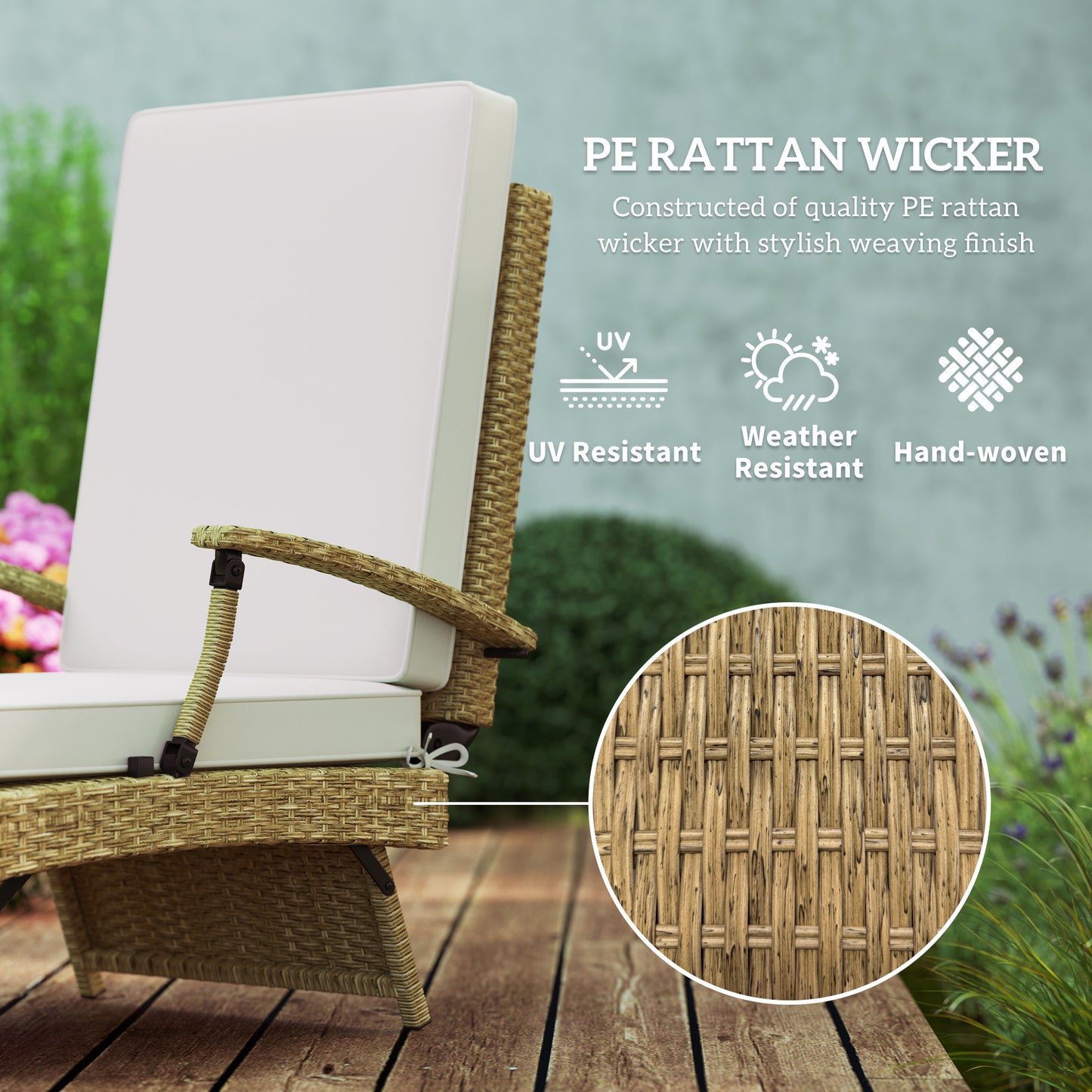 Foldable Rattan Garden Recliner Chair w/ Cushion, Footrest, Beige