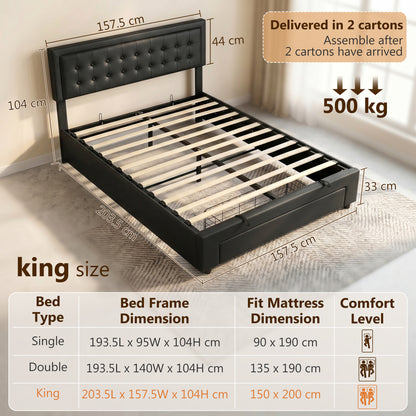 Upholstered Bed Frame with Storage Drawer and Adjustable Headboard, 5ft King Size Ottoman Bed with Gas Lift End Opening, Wooden Slats, No Mattress, Black