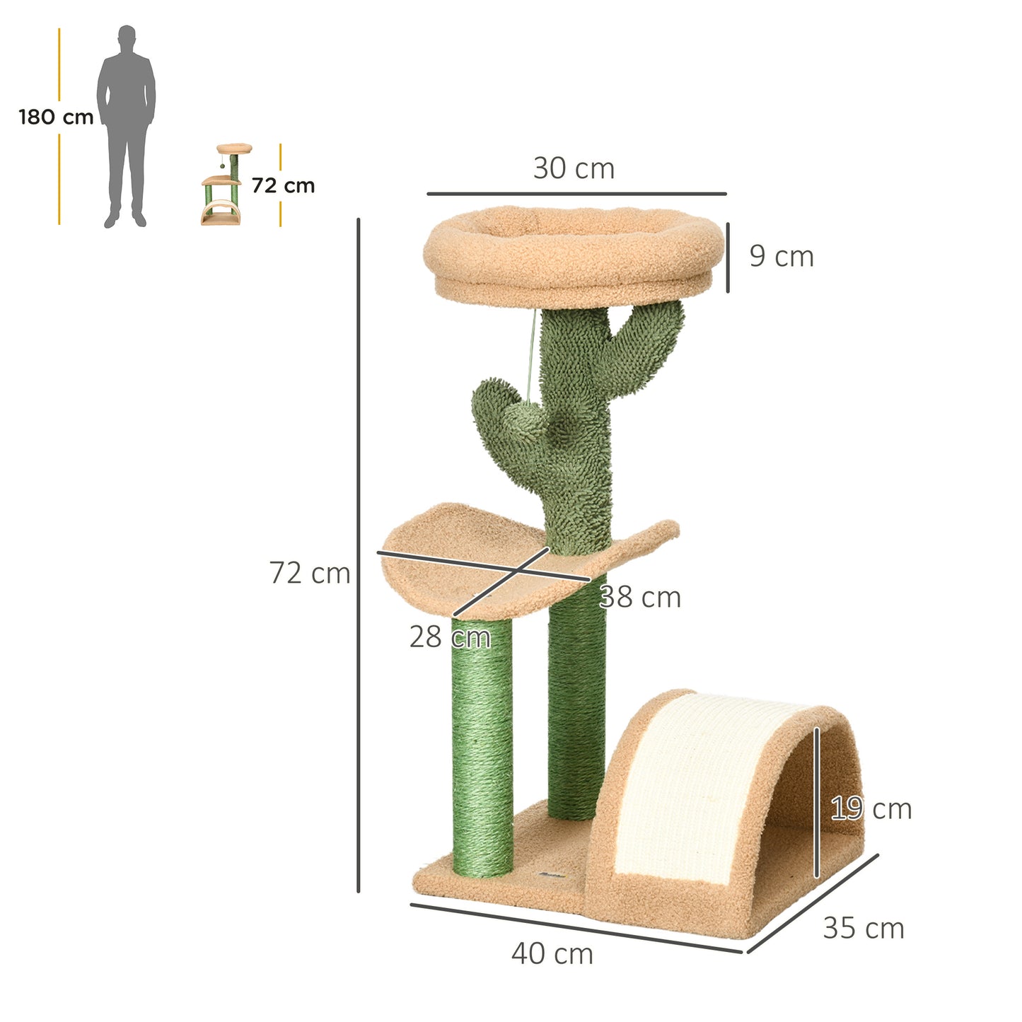 72cm Cat Activity Centre w/ Bed, Toy Ball, Sisal Post, Curved Pad