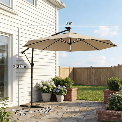 3 m Garden Cantilever Parasol with Solar Light, Rotation, Khaki