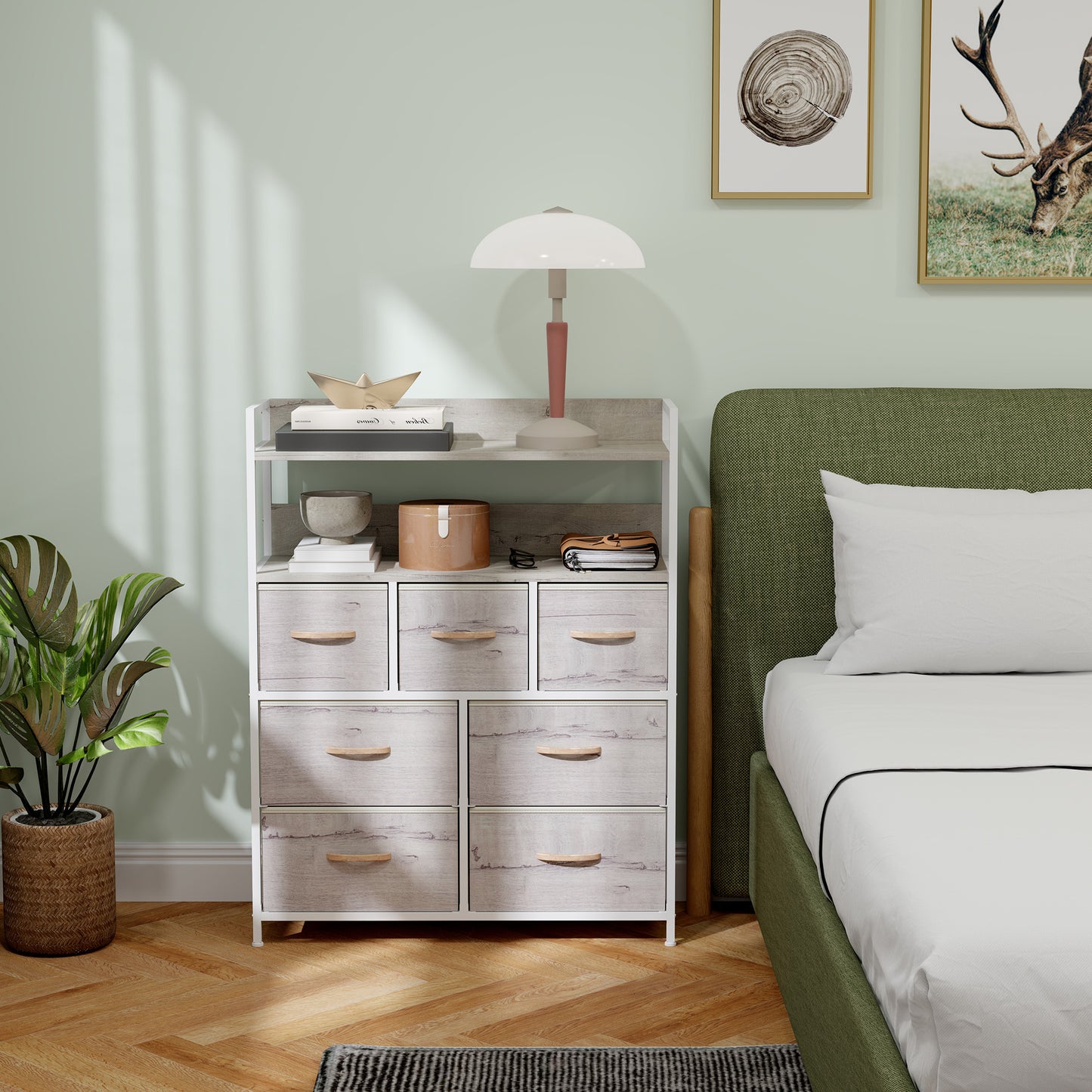 Bedroom Chest of Drawers 7 Drawer Dresser w/ Shelves, Natural
