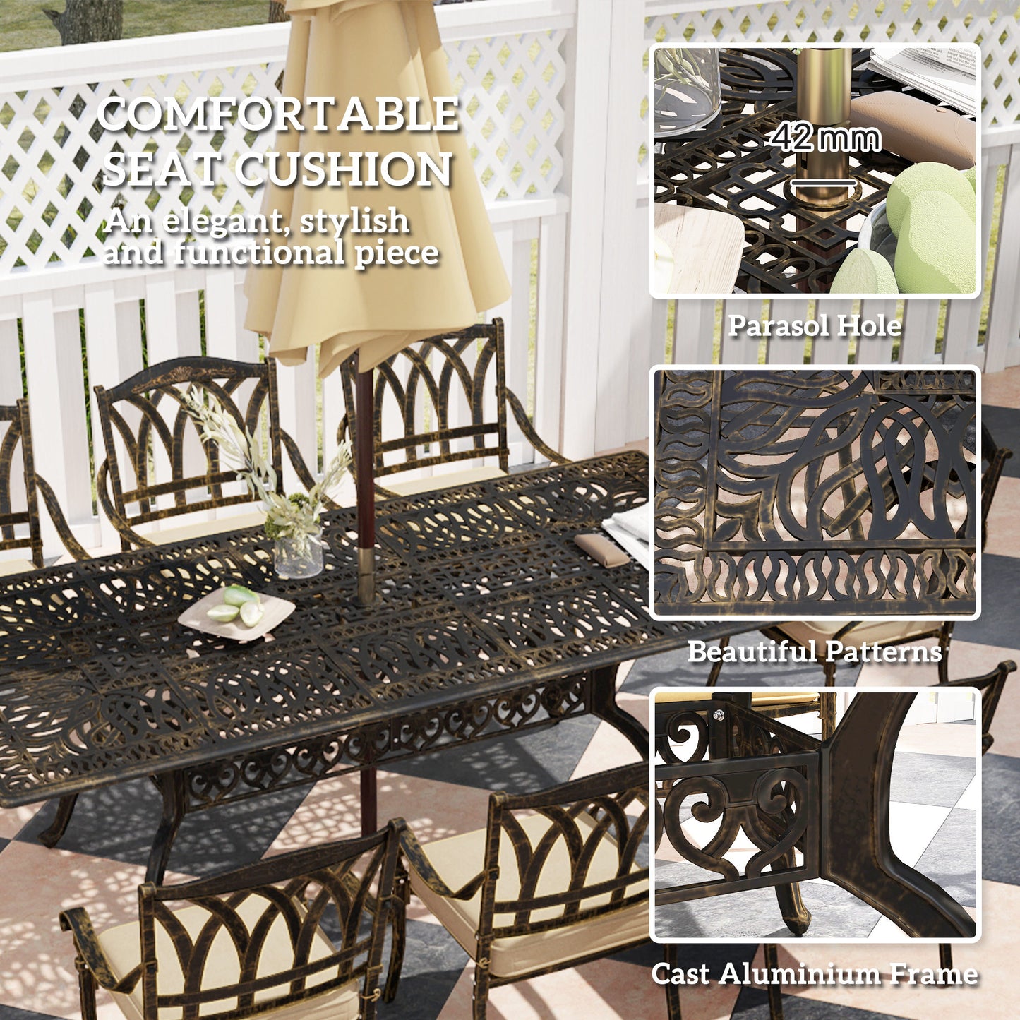 9 Pieces Cast Aluminium Garden Dining Set with Parasol Hole, Bronze