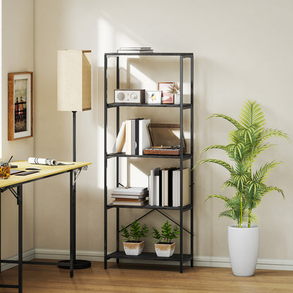 Industrial Bookshelf, Freestanding Bookcase, Dark Grey and Black