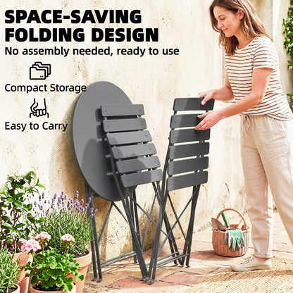 Folding Bistro Set with Round Garden Table and Chairs, Grey