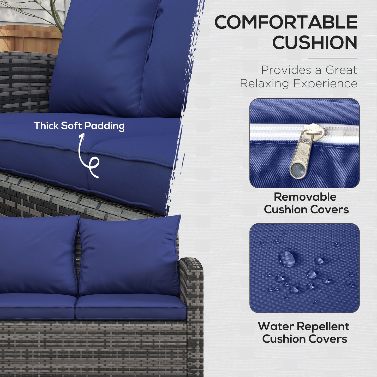 6 Pieces Rattan Garden Furniture Set, 7 Seater Wicker Outdoor Furniture Set with Storage Tea Table & Side Table, Sectional Garden Sofa Set with Cushions Navy Blue