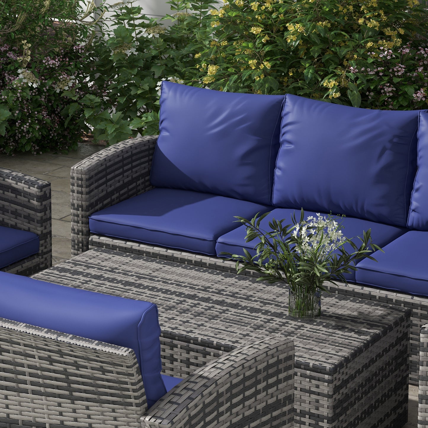 6 Pieces Rattan Garden Furniture Set, 7 Seater Wicker Outdoor Furniture Set with Storage Tea Table & Side Table, Sectional Garden Sofa Set with Cushions Navy Blue