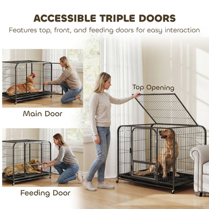 Heavy Duty Dog Crate, Large Dog Cage with Wheels and Tray
