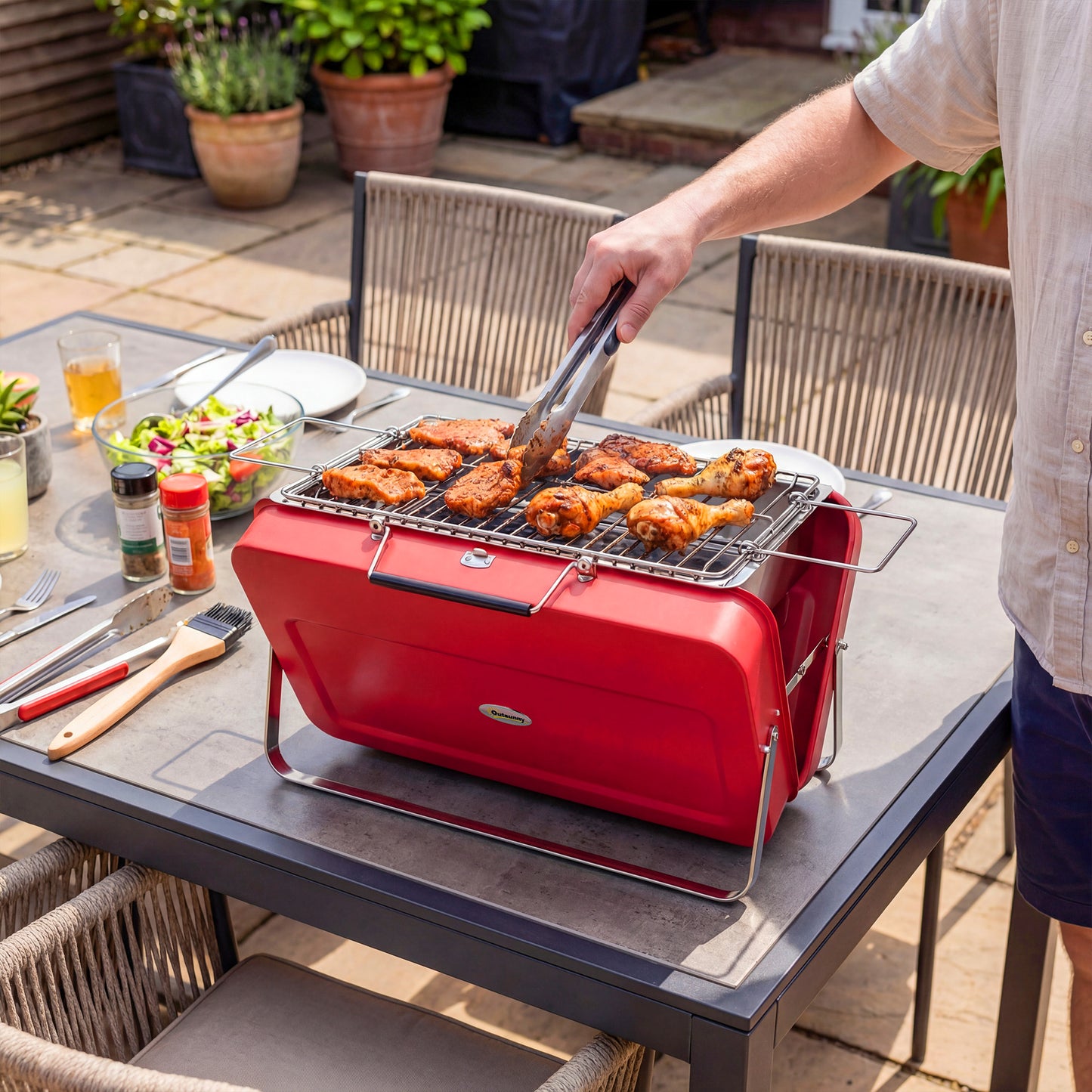 Portable Mini Charcoal Barbecue Grill with Suitcase Shell, Red