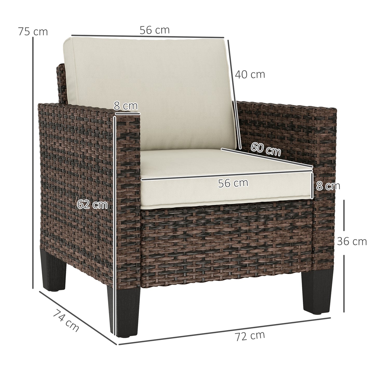 Single Rattan Chair, Garden Armchair with Cushions, Brown