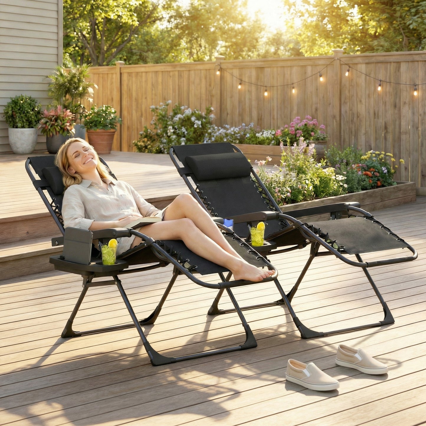 Zero Gravity Chairs Set of 2 with Cup Holder, Headrest, Black