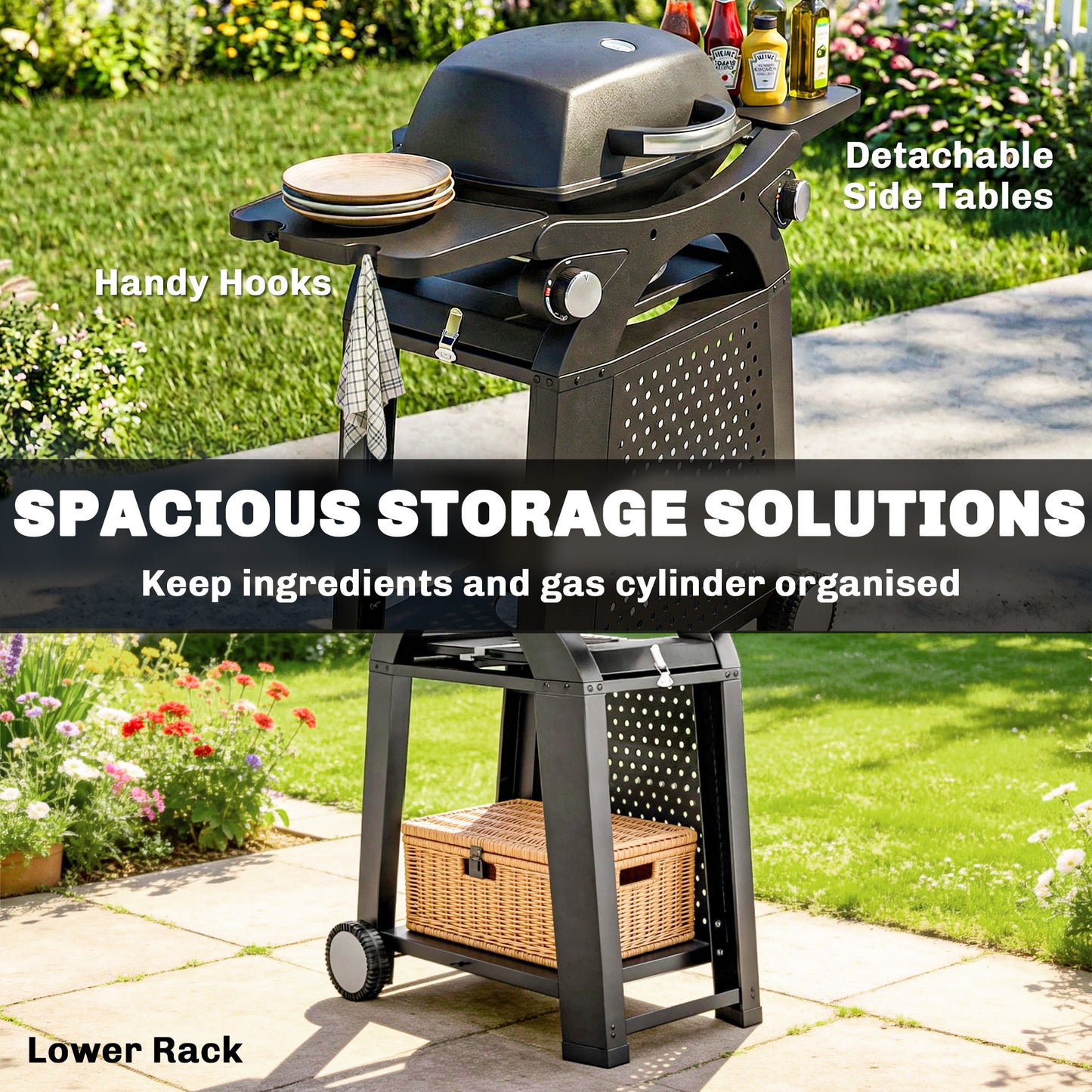 2 Burner Gas Grill, 3.8 KW Barbecue Grill with Cast Iron Grates