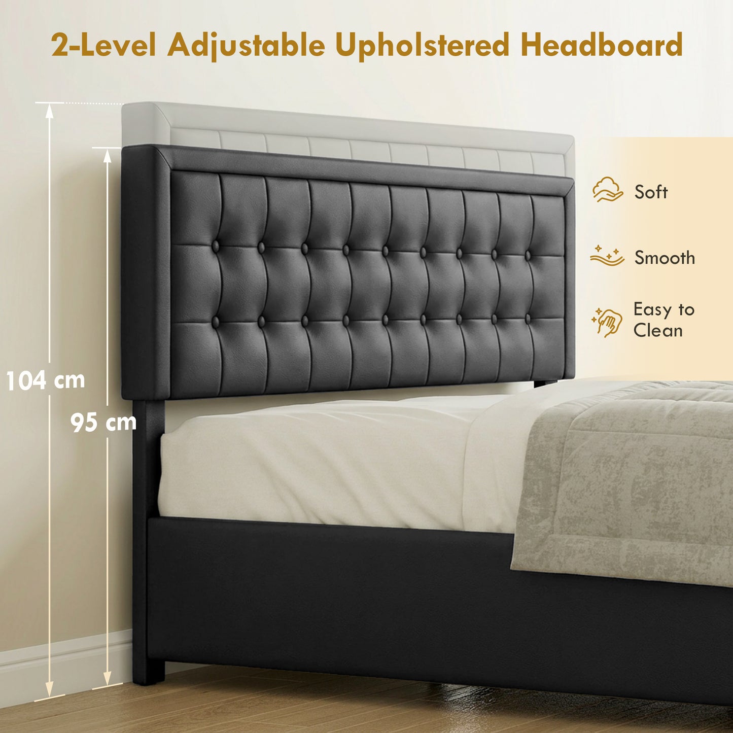 Upholstered Bed Frame with Storage Drawer and Adjustable Headboard, 5ft King Size Ottoman Bed with Gas Lift End Opening, Wooden Slats, No Mattress, Black