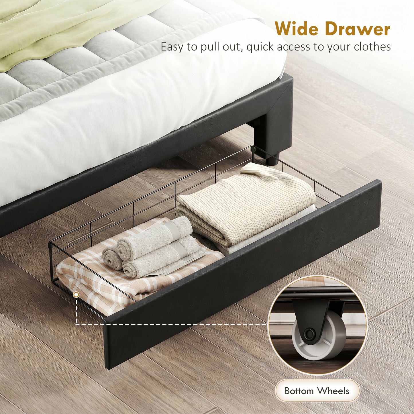 Upholstered Bed Frame with Storage Drawer and Adjustable Headboard, 5ft King Size Ottoman Bed with Gas Lift End Opening, Wooden Slats, No Mattress, Black
