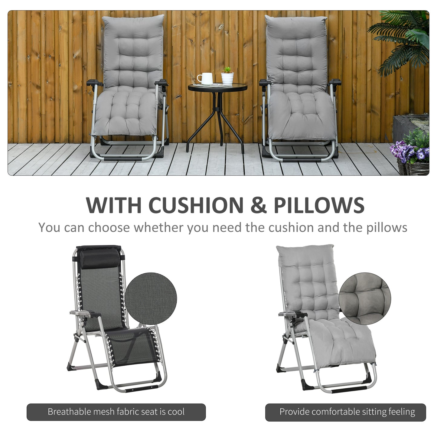 2 PCS Reclining Zero Gravity Chair Folding Lounger Cushion Light Grey