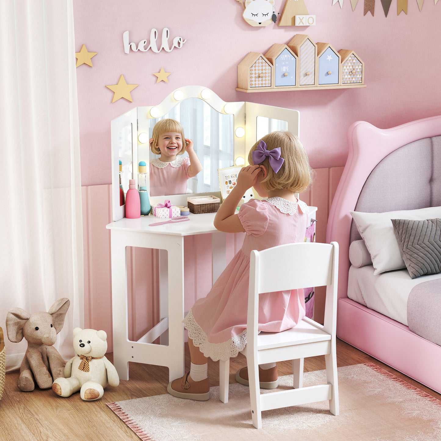 Kids Vanity Table and Stool with Lights, Tri-Folding Mirror, White