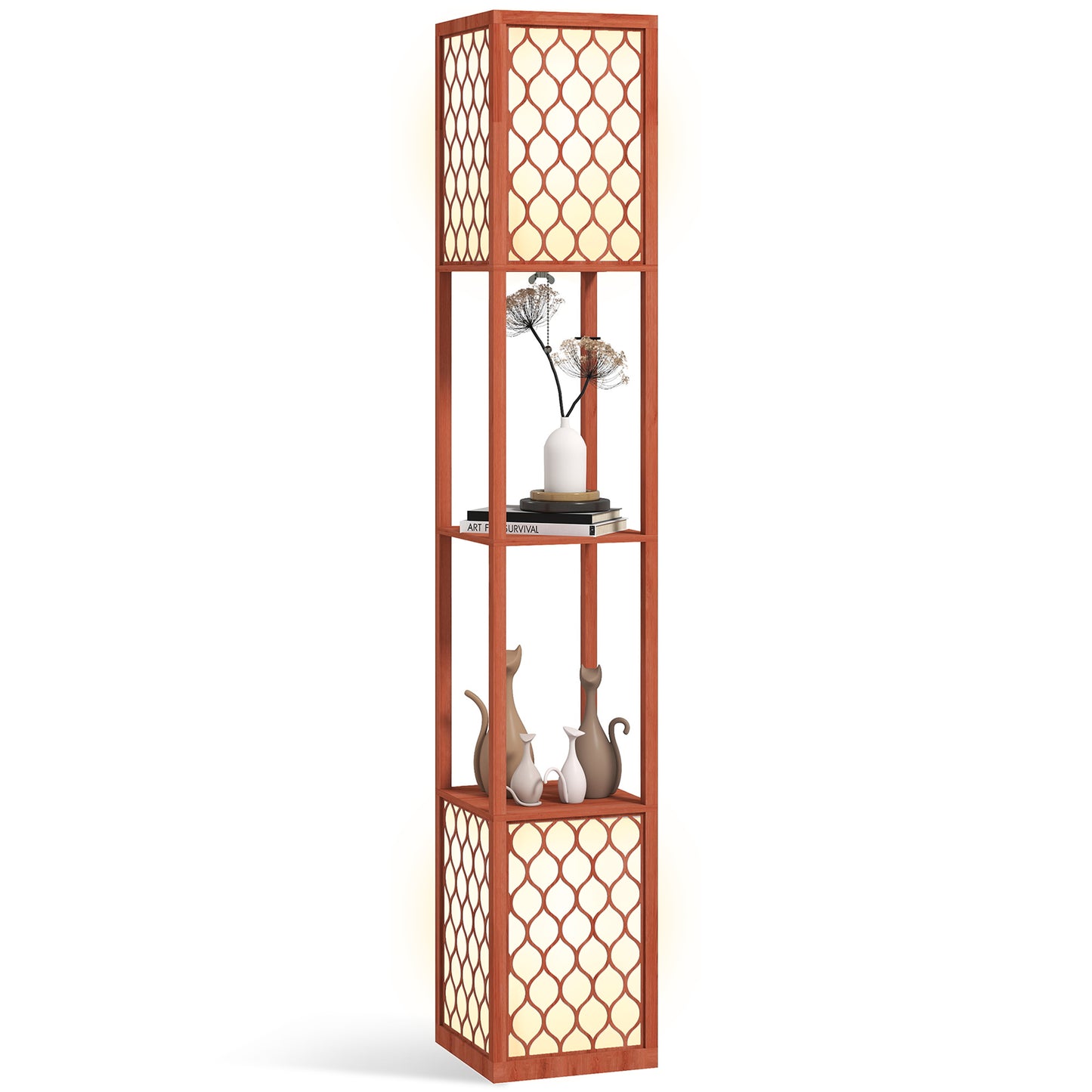 2-Light Modern Floor Lamp with Shelves for Living Room, Bedroom, Brown