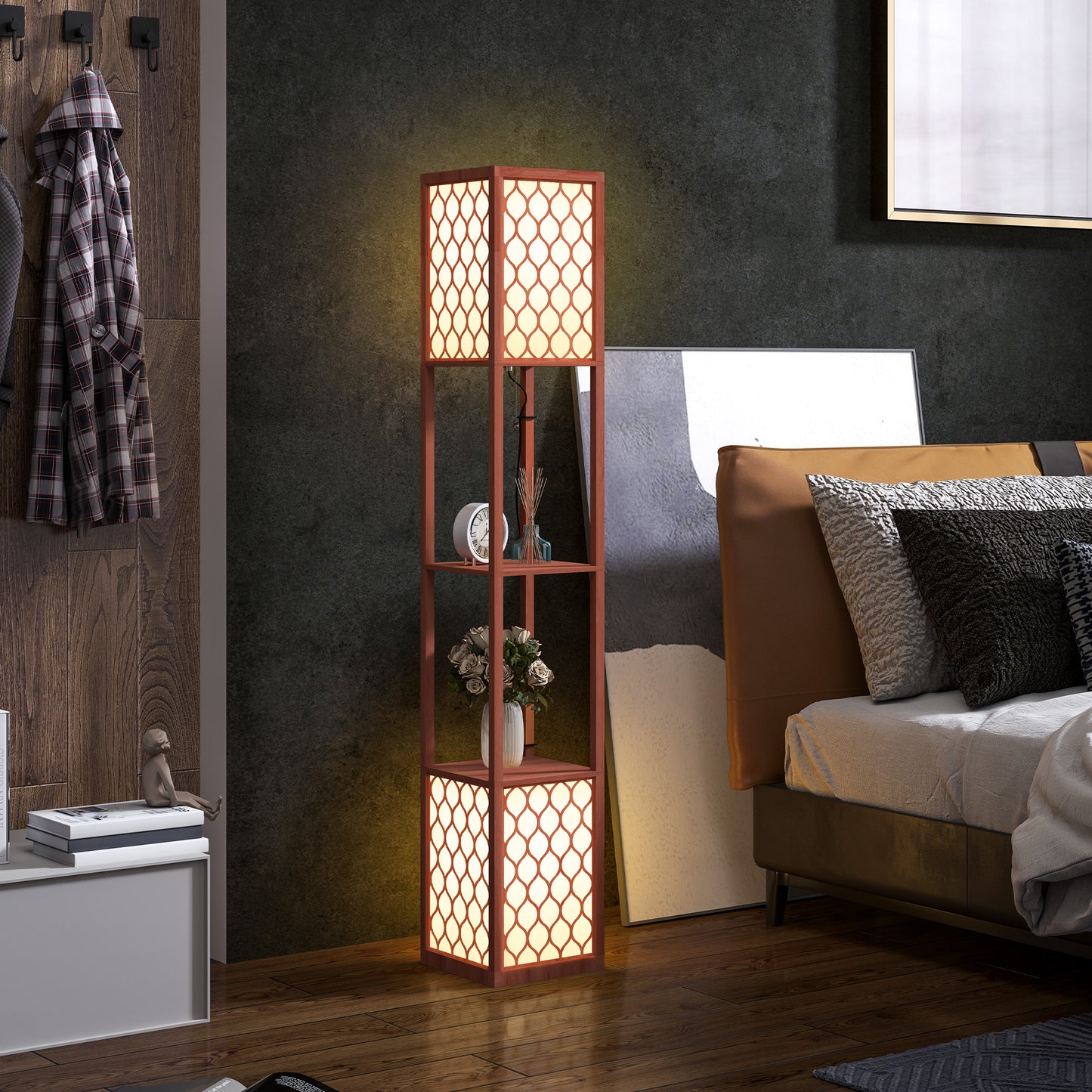 2-Light Modern Floor Lamp with Shelves for Living Room, Bedroom, Brown